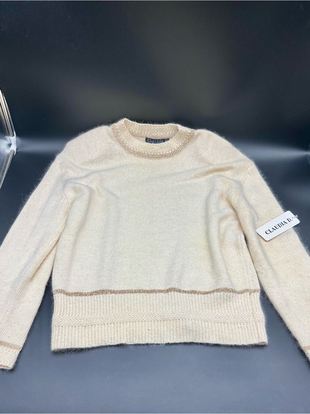 Vintage Claudia D. Metallic-Trim Fuzzy Knit Crewneck Pullover Sweater New